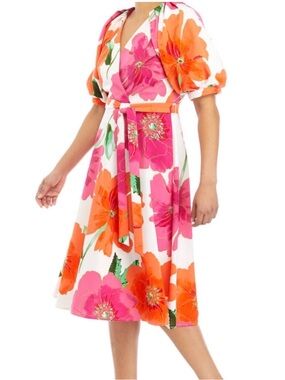 Maison Tara scuba wrap midi dress featuring short puff sleeves Women’s Size 8